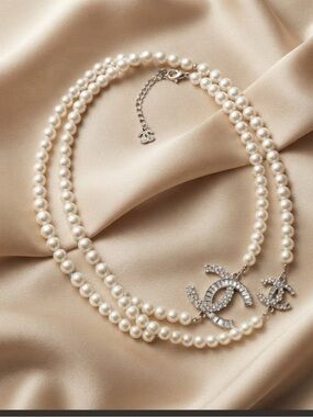 Very long Double Strand Pearl Necklace with Crystal Logo Pendant - Ivory